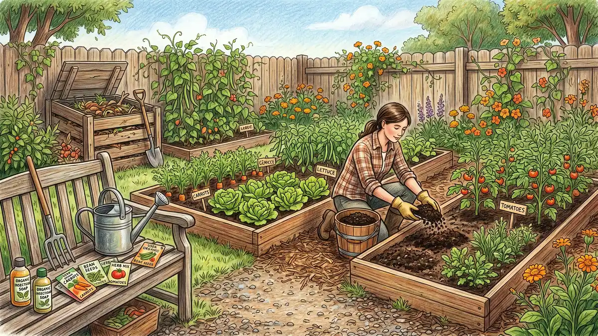 Tidy backyard organic vegetable garden with raised beds, compost bin, USDA organic seed packets, and a gardener applying compost mulch