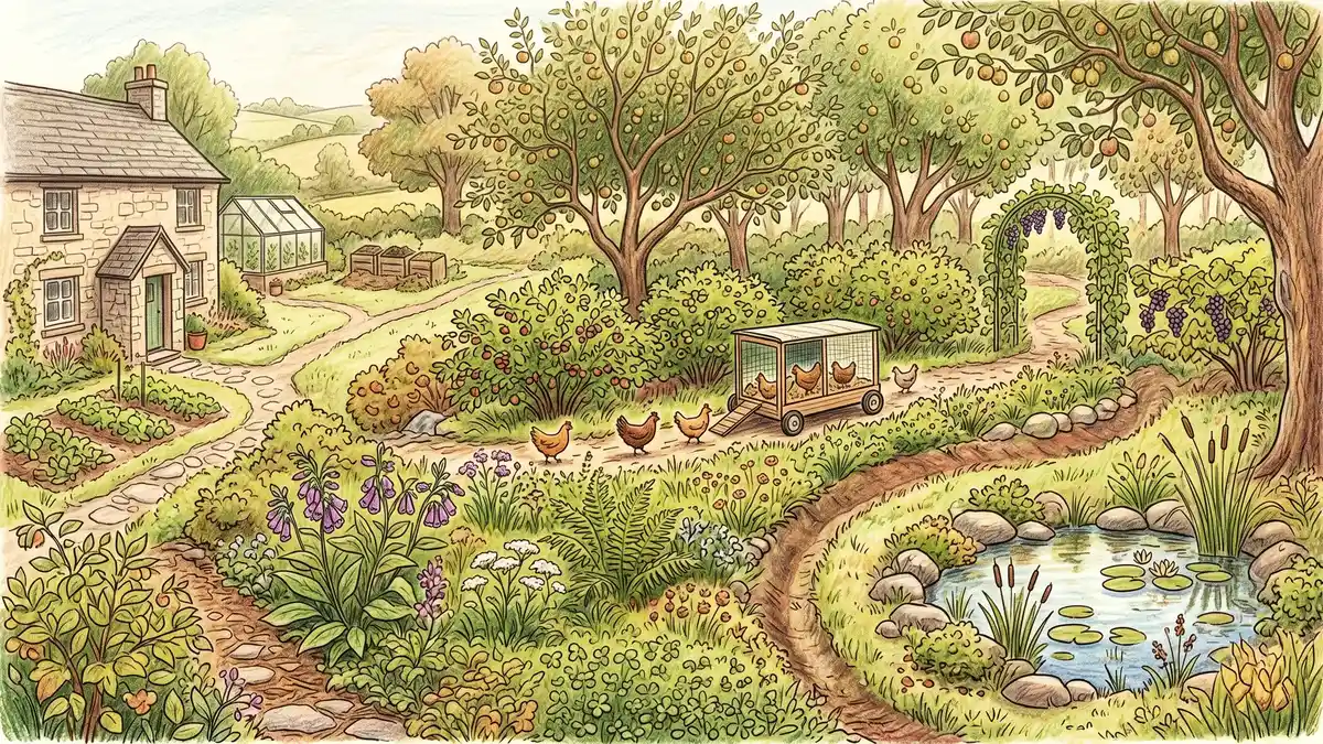 Mature permaculture food forest showing fruit tree canopy, shrub layer, herbaceous perennials, ground cover, a small pond, and a chicken tractor