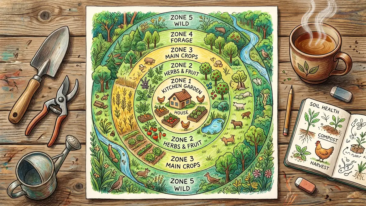 Hand-drawn permaculture zone map on a wooden table with garden tools showing concentric Zone 1 through Zone 5 layout