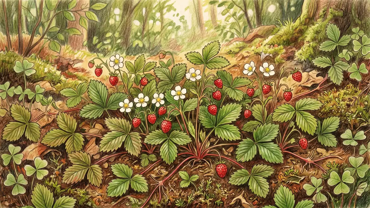 Alpine strawberry plants spreading by runners as a shade-tolerant ground cover with small white flowers and tiny red berries