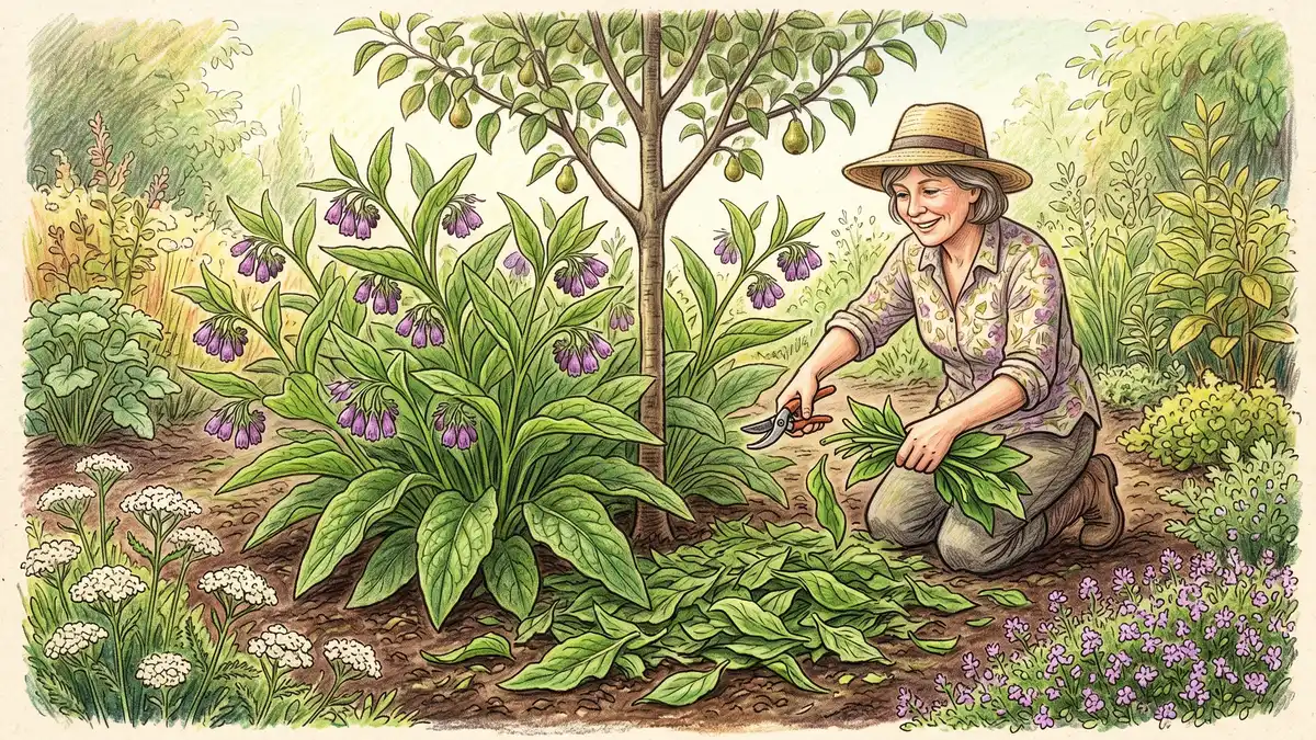 Comfrey plant with broad leaves and purple flowers around a young pear tree, with a gardener using chop and drop technique to mulch with cut comfrey leaves