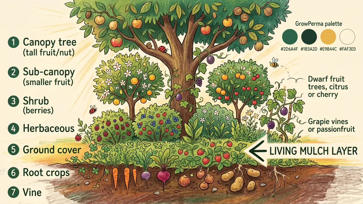 Cross-section infographic of the 7-layer food forest model showing canopy, sub-canopy, shrub, herbaceous, ground cover, root, and vine layers with the ground cover layer highlighted as the living mulch layer