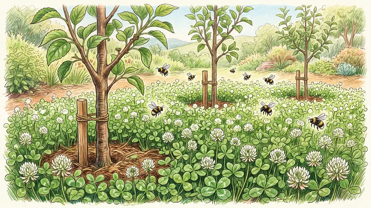 White clover Trifolium repens carpet flowering beneath young apple tree saplings with bumblebees visiting