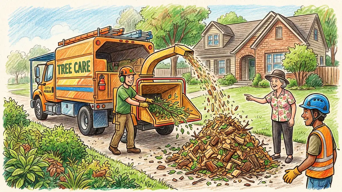 Arborist tree care truck dumping wood chips at a residential driveway with mixed bark, sapwood, and leaves visible in the pile