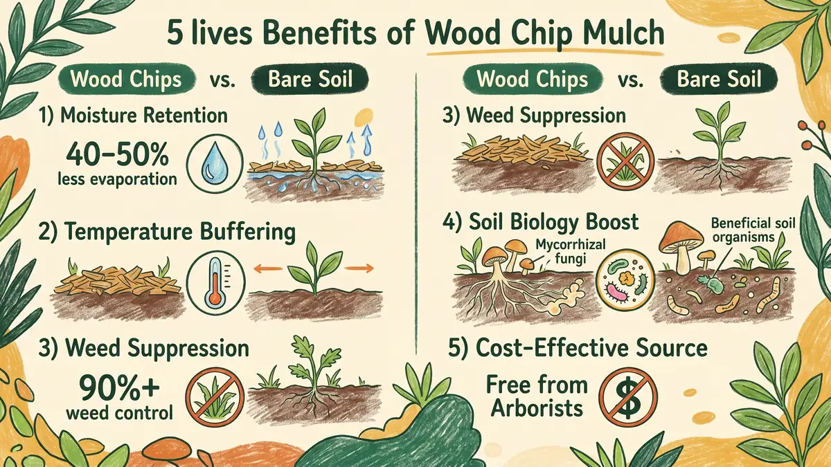 Infographic comparing wood chip mulch versus bare soil across moisture retention, temperature buffering, weed suppression, soil biology boost, and free arborist sourcing