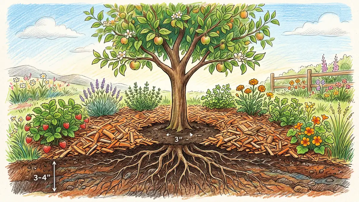 Garden cross-section showing 3-4 inch deep wood chip mulch around a fruit tree with a 2-3 inch gap around the trunk demonstrating correct no mulch volcano application