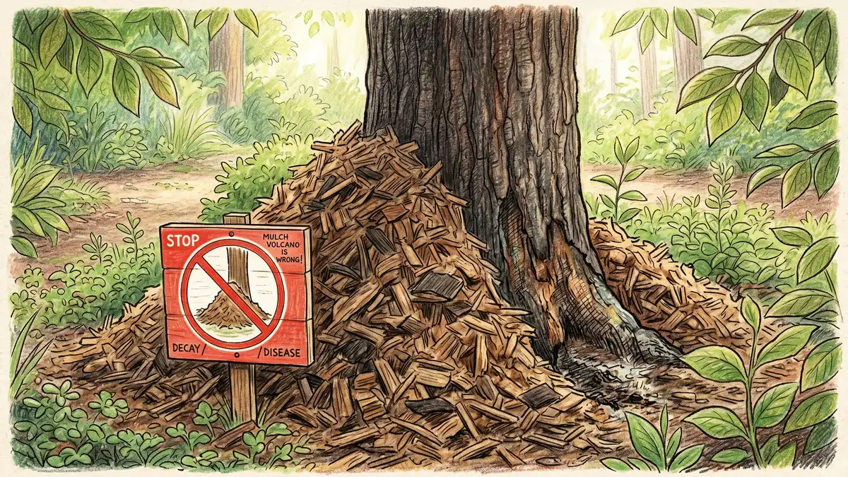 A mulch volcano mistake showing wood chips piled high against a tree trunk with rotting bark damage and warning marker