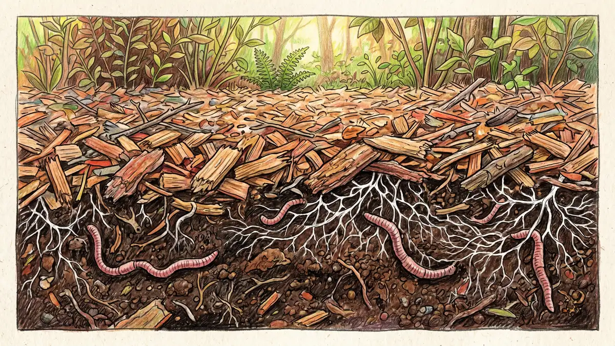 Close-up of wood chip mulch transitioning into rich dark humus with earthworms and white mycorrhizal fungal threads visible