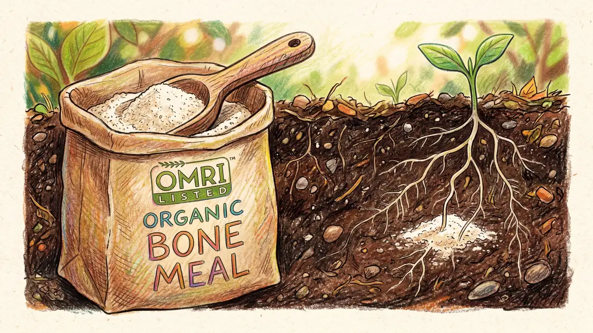 A paper bag of OMRI-listed organic bone meal fertilizer with a wooden tablespoon and a small soil cross-section showing roots reaching for the bone meal placement
