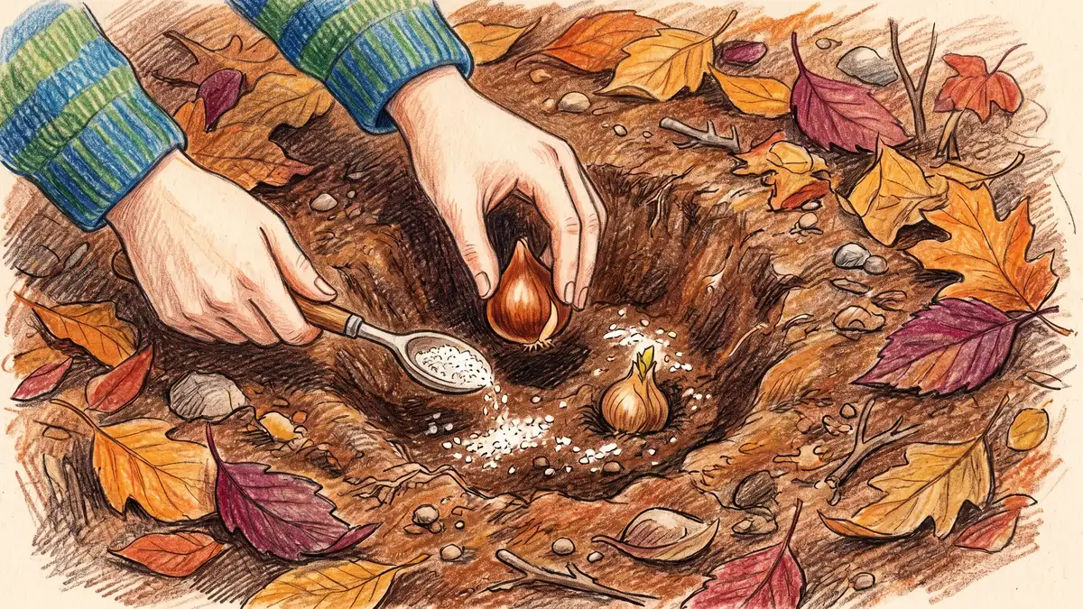 Tulip and daffodil bulbs being planted in autumn with a tablespoon of bone meal sprinkled at the bottom of each hole