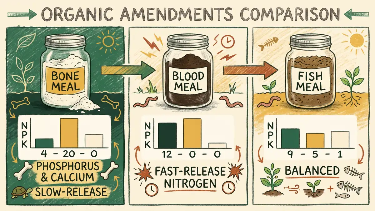 Side-by-side infographic comparing bone meal blood meal and fish meal organic fertilizers by NPK profile and release speed
