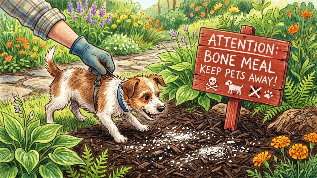 A curious dog approaching a bone meal-amended garden bed with a red warning marker reminding gardeners to keep bone meal away from pets