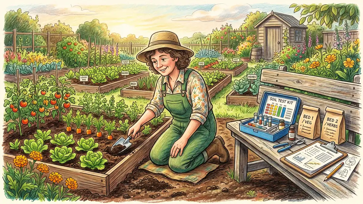 A gardener collecting a soil sample from a vegetable bed with a small spade, with a soil test kit and labeled sample bags on a wooden bench