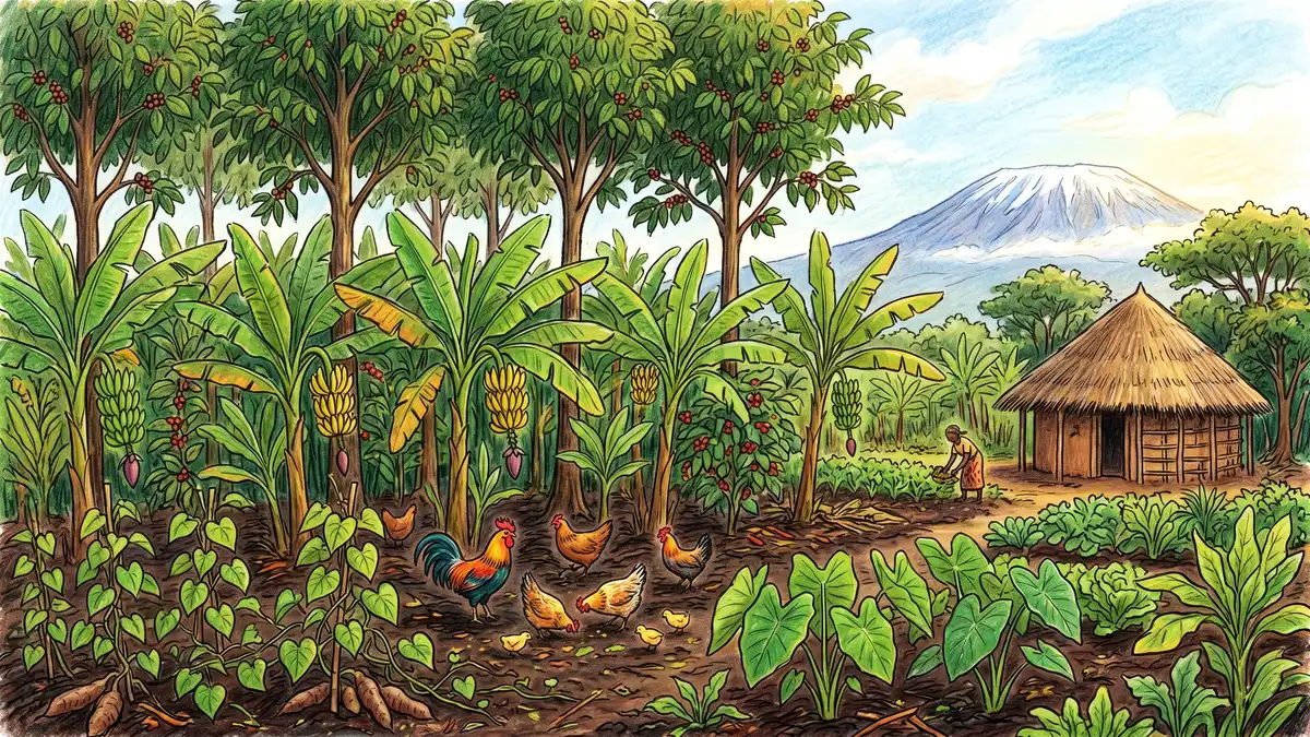 Chagga homegarden on Kilimanjaro showing tall coffee trees, banana canopy, yam and taro ground crops, chickens foraging, with the peak of Kilimanjaro in the distance