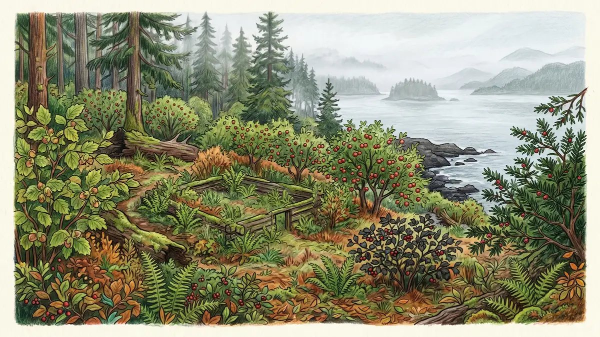 Pacific Northwest forest with hazelnut groves, crabapple, hawthorn, and a faint outline of a cedar plank house showing the legacy of Coast Salish forest gardens