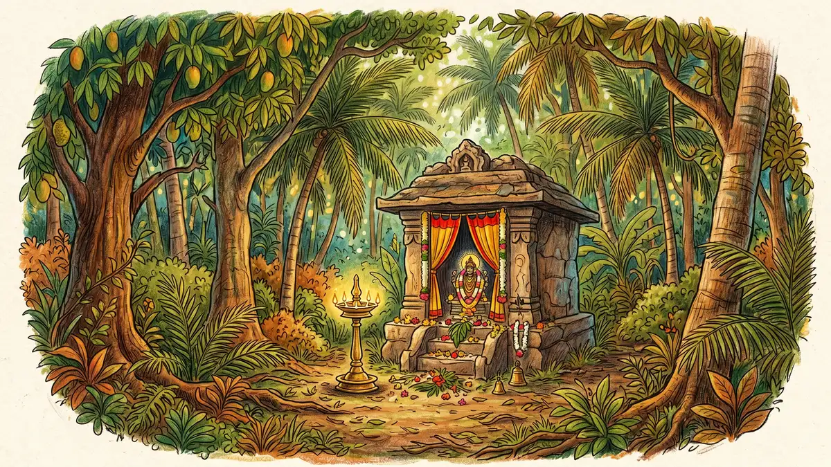 Kerala kavu sacred grove in southern India with dense tropical canopy of mango, jackfruit, and coconut palms with a small stone shrine and brass oil lamp