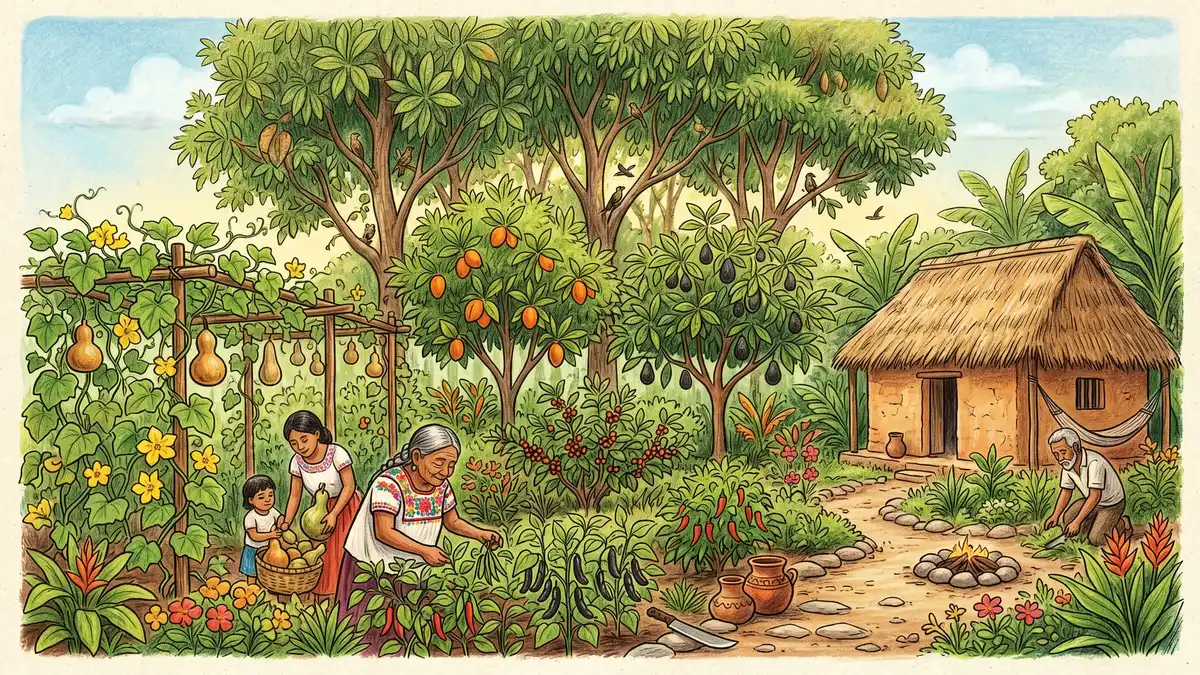 Mayan multi-strata homegarden in Yucatan with ramon trees in the canopy, fruit trees, vegetable shrubs, and adobe house