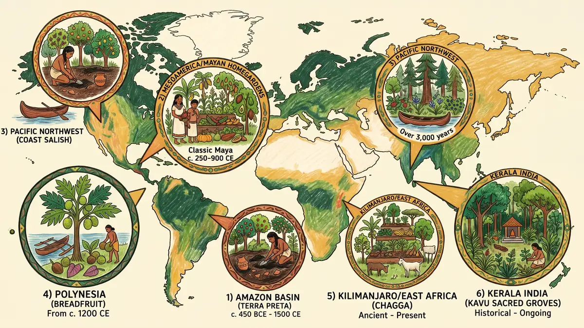 Hand-drawn world map showing six indigenous food forest traditions: Amazonian terra preta, Mesoamerican Mayan homegardens, Pacific Northwest Coast Salish gardens, Polynesian breadfruit systems, Chagga homegardens of Kilimanjaro, and Kerala kavu sacred groves