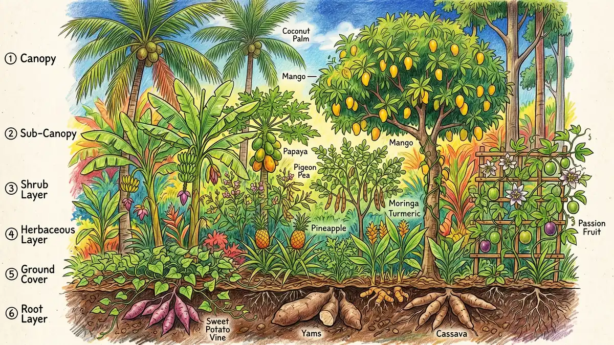 Tropical food forest cross-section showing seven layers from canopy down: coconut palm and mango, banana and papaya, moringa and pigeon pea, pineapple and turmeric, sweet potato vines, root crops underground, and passion fruit vines climbing