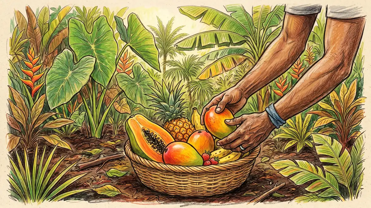 A wicker basket of harvested ripe mango, papaya, and pineapple in a tropical garden with taro and banana leaves in the background