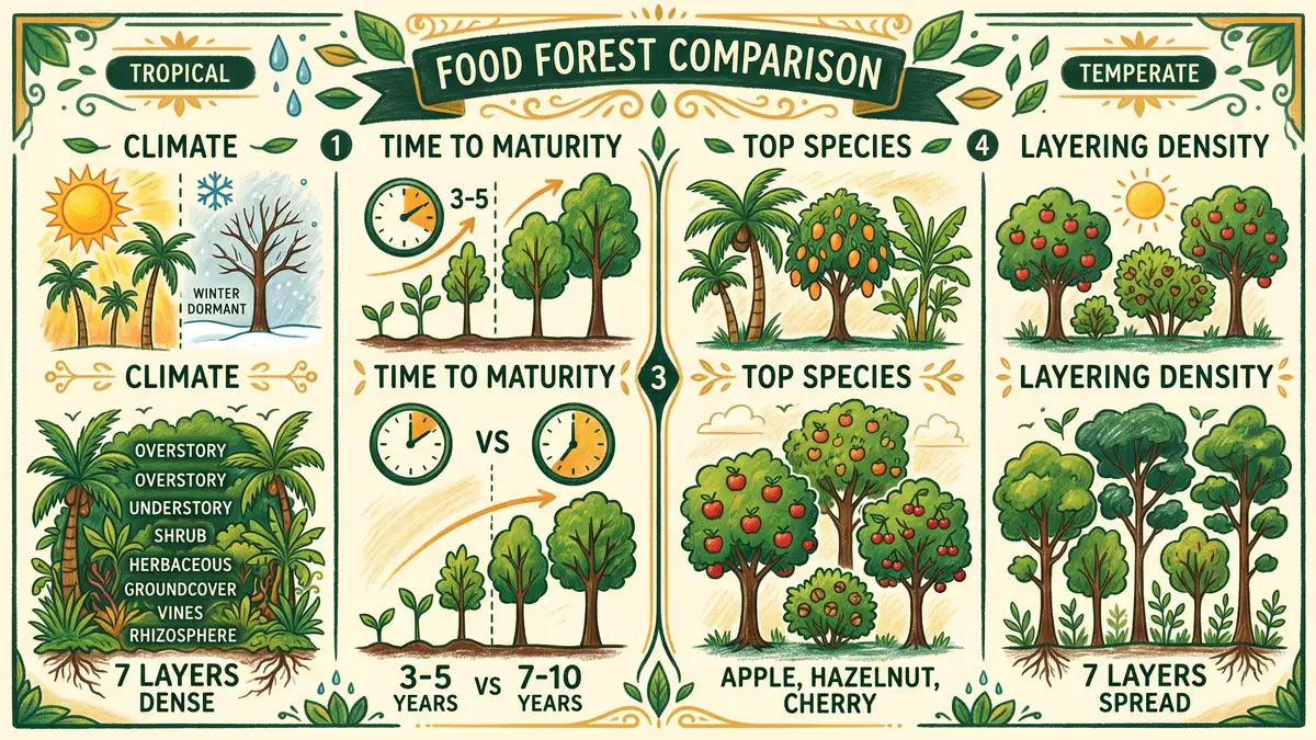 Side-by-side infographic comparing tropical and temperate food forest characteristics across climate, time to maturity, top species, and layering density
