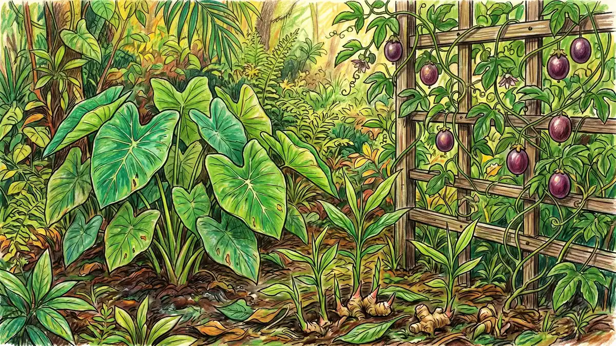 Tropical food forest understory with taro plants, turmeric and ginger sprouting, and a passion fruit vine climbing a wooden trellis with ripe purple fruit