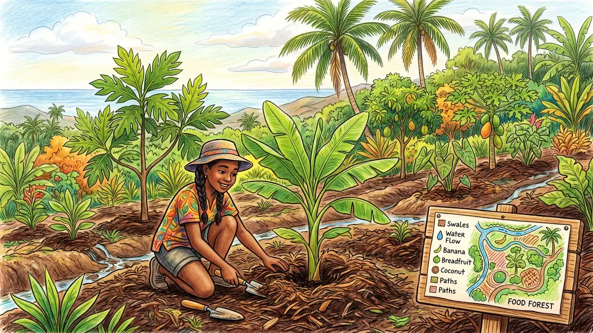 A young gardener tending a new tropical food forest planting in Hawaii with a young banana plant, breadfruit and coconut palms behind, with a hand-drawn site map on a wooden board