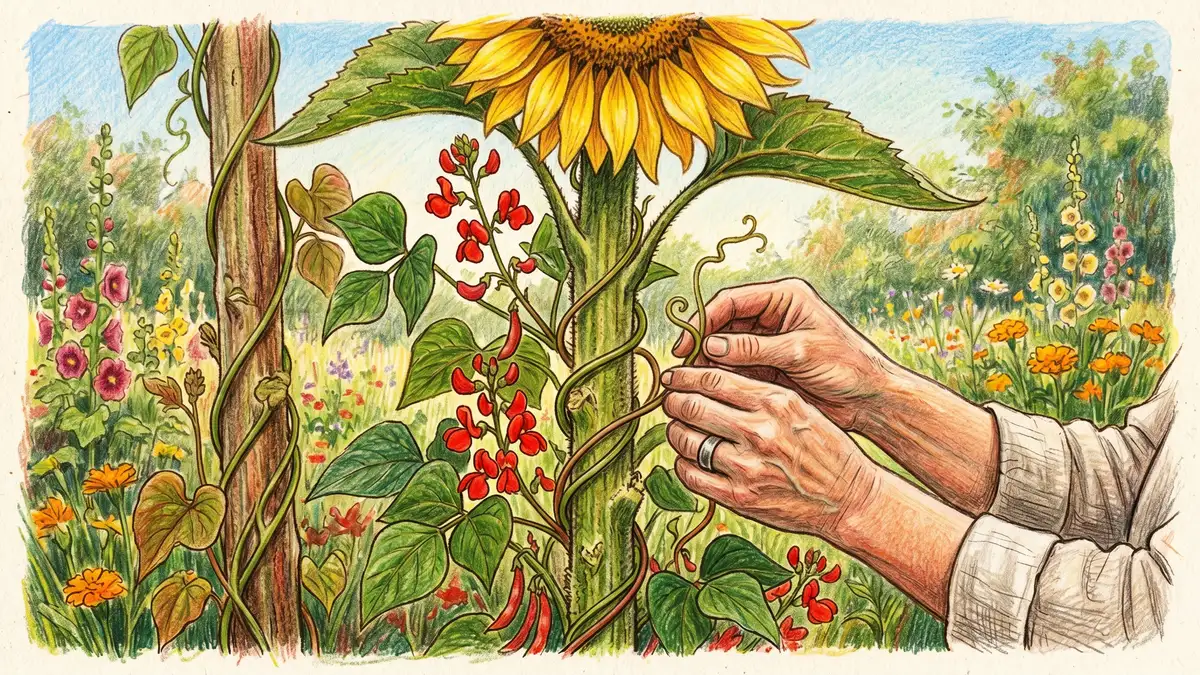 A scarlet runner bean vine spiraling up a thick sunflower stem with red bean flowers and a giant yellow sunflower head crowning the top