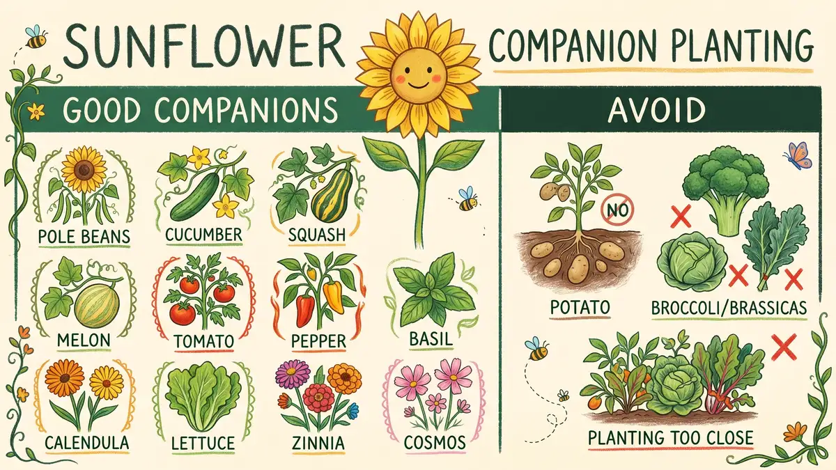 Side-by-side infographic showing good sunflower companions (pole beans, cucumber, squash, melon, tomato, pepper, basil, calendula, lettuce, zinnia, cosmos) and plants to avoid (potato, brassicas, dense planting)
