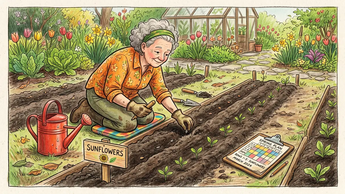 A gardener pressing sunflower seeds into well-prepared garden soil along a row in spring, with a stake marking the row and a watering can nearby