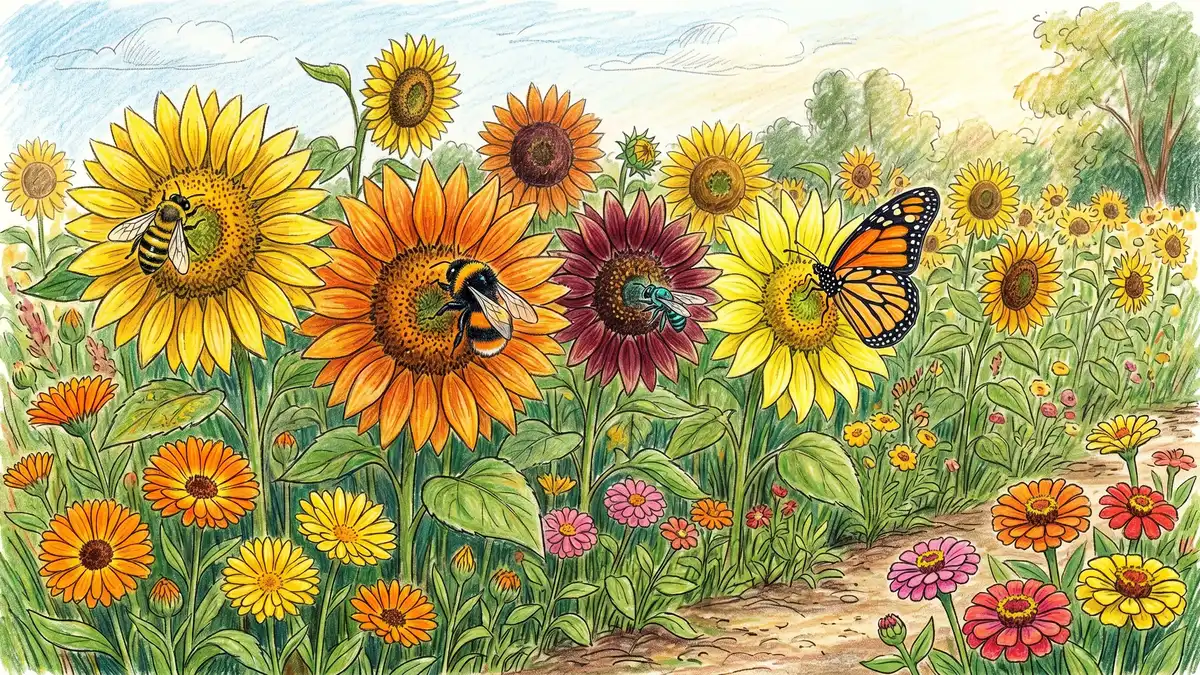 A pollinator-rich row of mixed-color sunflowers being visited by honey bees, bumblebees, native solitary bees, and a butterfly with calendula and zinnia at the edge