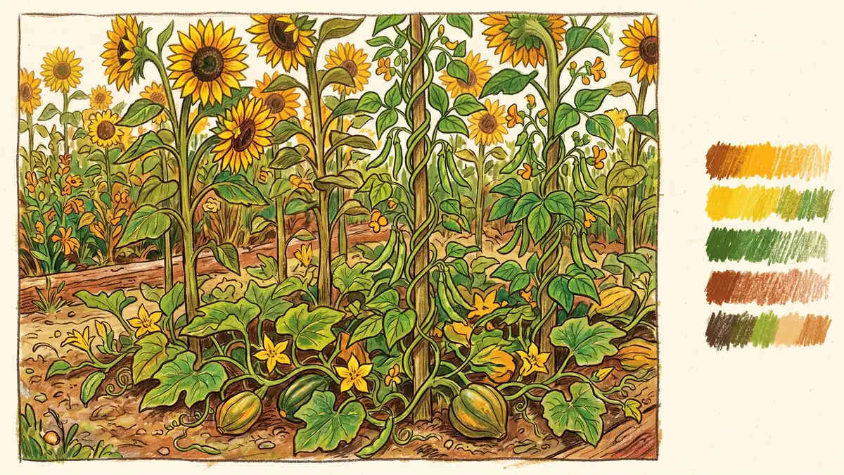 A Three Sisters with sunflowers variation showing climbing beans winding up tall sunflower stalks and squash vines spreading across the ground at the base