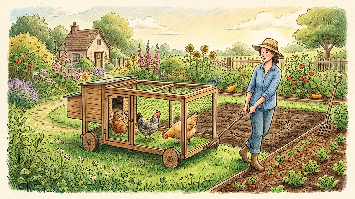 A gardener moving a portable chicken tractor (bottomless coop) to a fresh patch of grass, with hens visible inside and chicken-prepped soil behind the previous tractor location