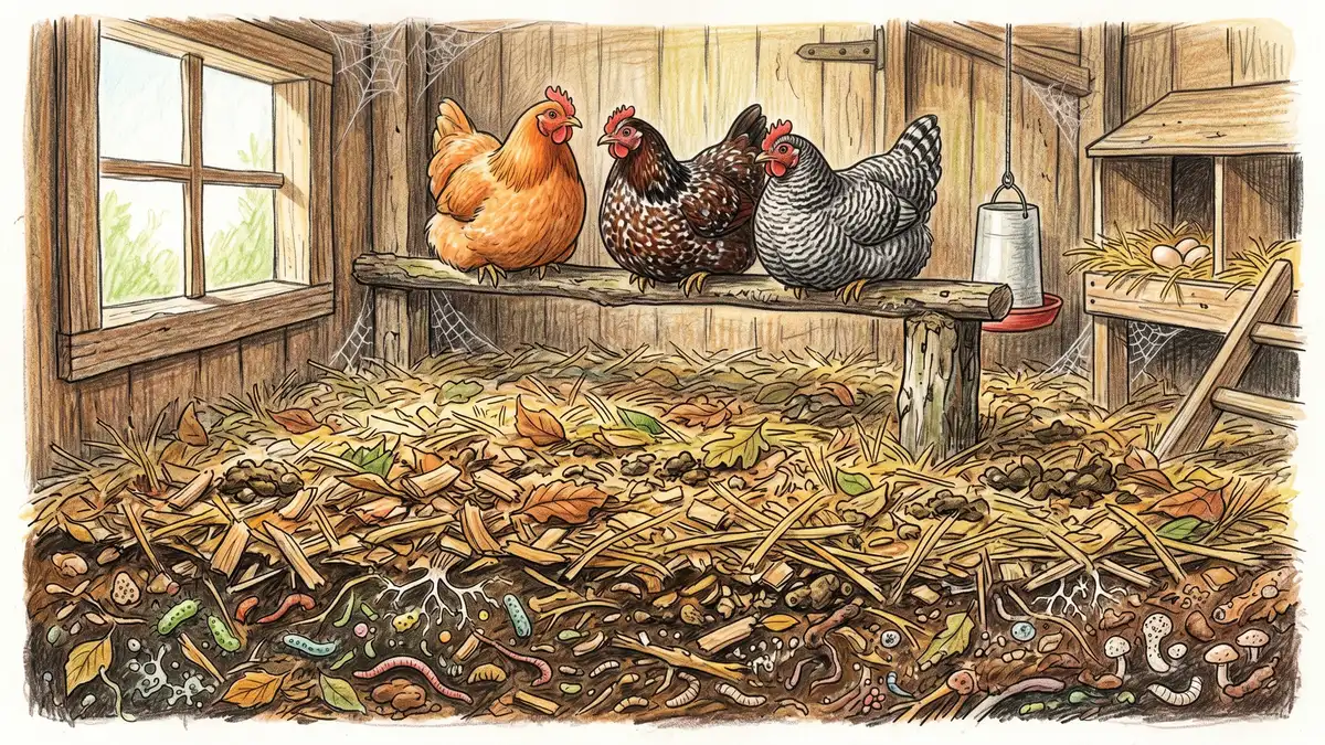 A deep-litter chicken coop interior showing thick layered bedding of wood chips, straw, and dry leaves composting in place with chickens roosting above