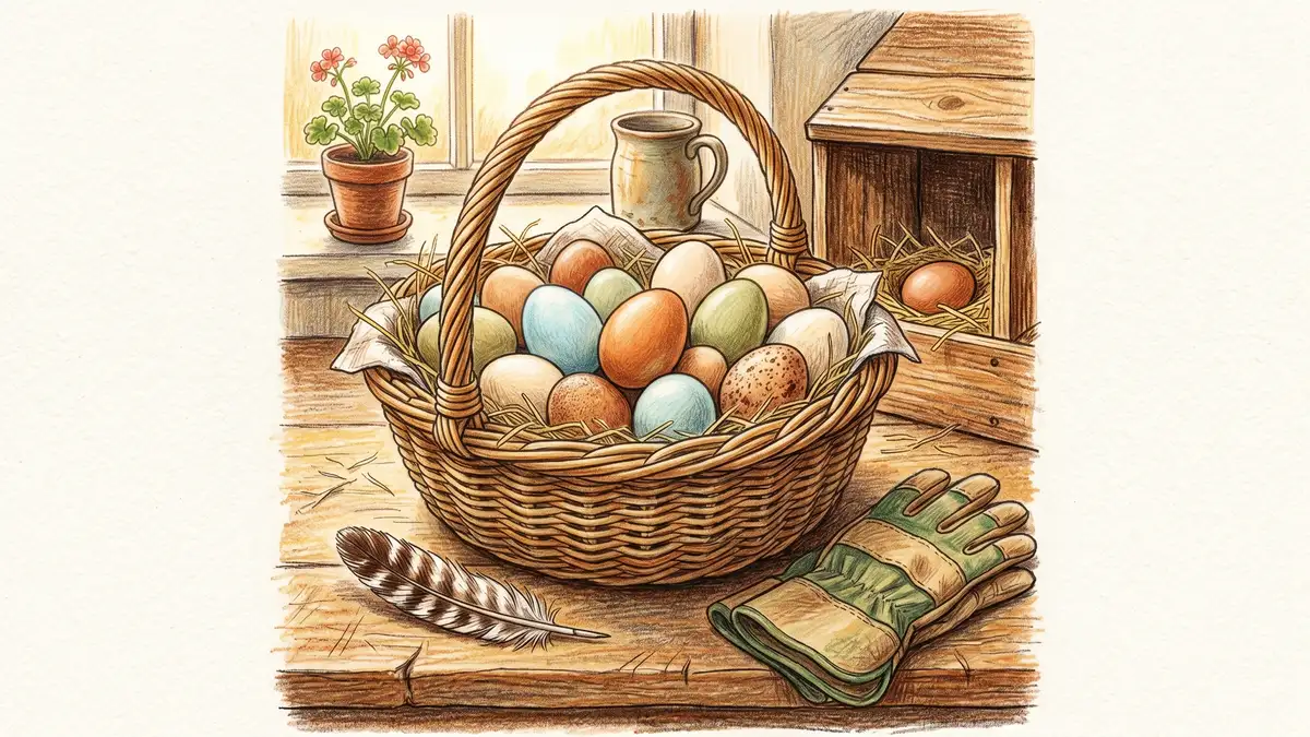 Fresh eggs in a wicker basket showing brown, blue, and pale green eggs from heritage chicken breeds beside a wooden nest box