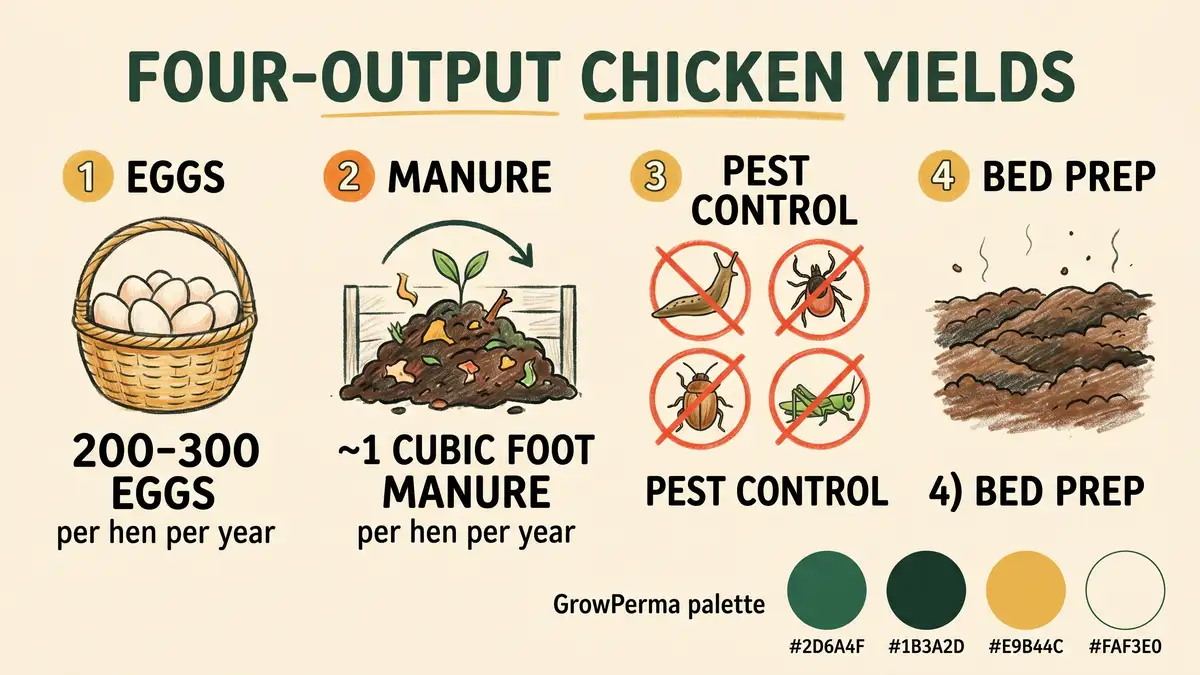 Four-output chicken yields infographic showing eggs (200-300 per hen per year), manure (1 cubic foot per hen per year), pest control (slugs ticks beetles grasshoppers), and bed preparation