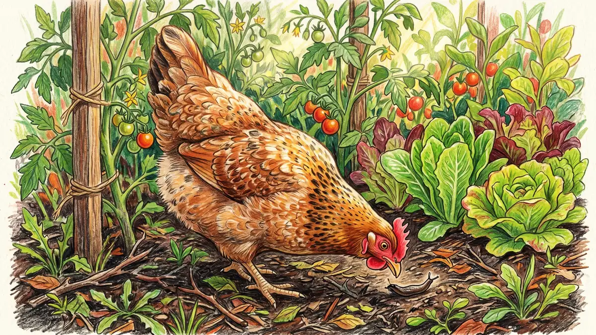 A healthy hen foraging in a vegetable garden bed pecking at a slug with tomato plants and lettuce in the background