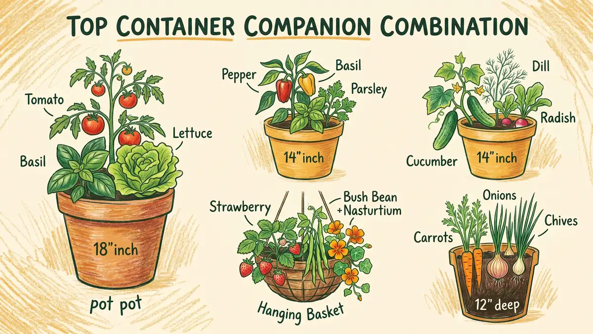 Infographic showing five container companion combinations with pot sizes