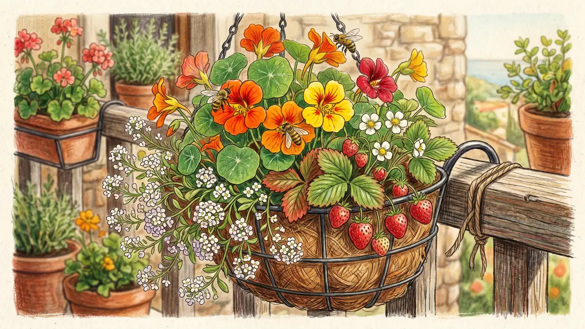 Hanging basket with strawberries, nasturtiums, and pollinators