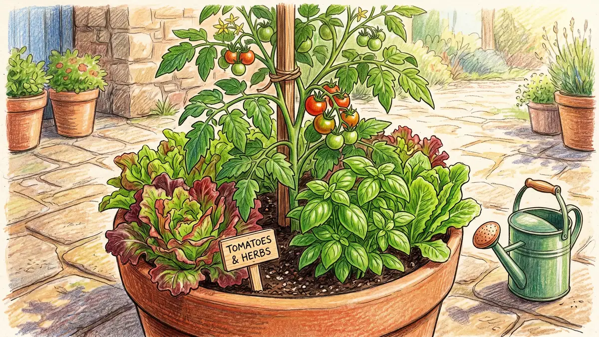 18-inch terracotta pot with a tomato plant, basil at its base, and lettuce filling the edges