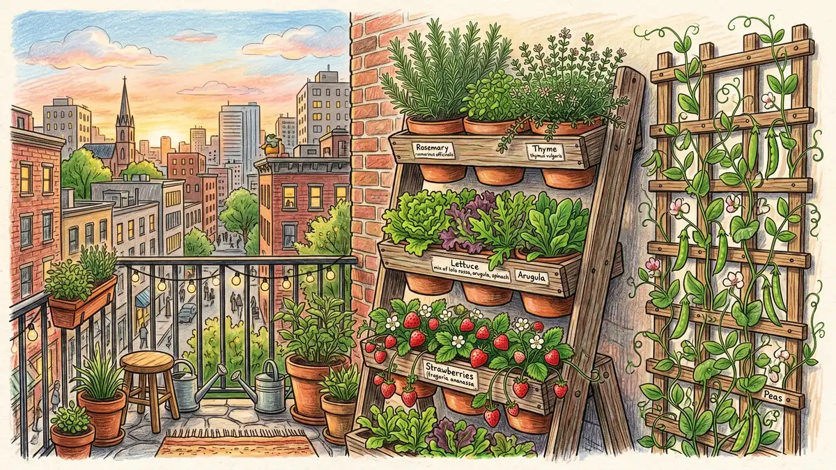 Vertical herb tower on a balcony with stacked compartments and a climbing trellis