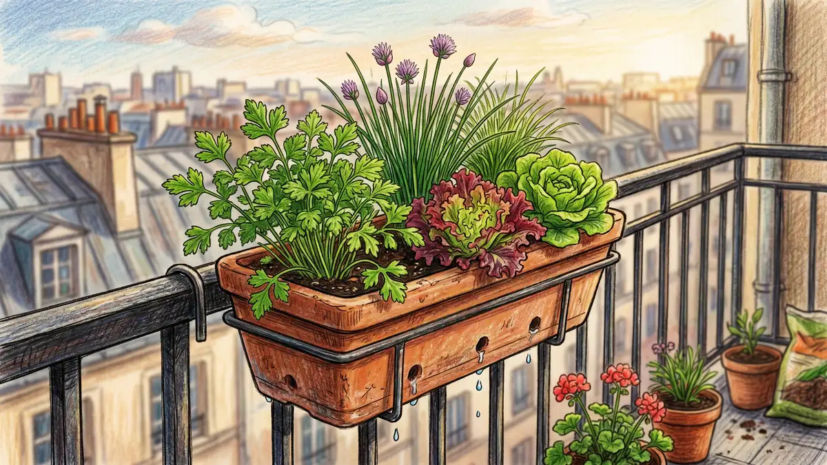 Window box with chives, parsley, and lettuce on an apartment balcony rail