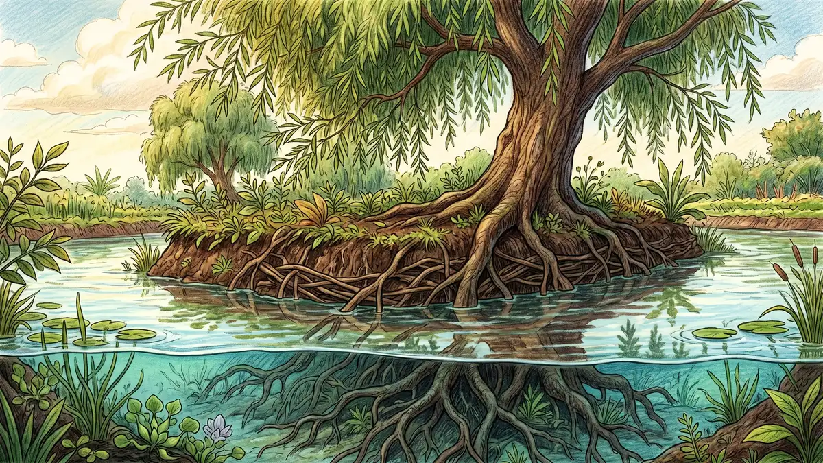 Ahuejote willow tree with its roots visible underwater anchoring a chinampa corner