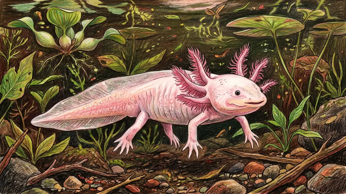 An axolotl swimming in a chinampa canal among aquatic plants