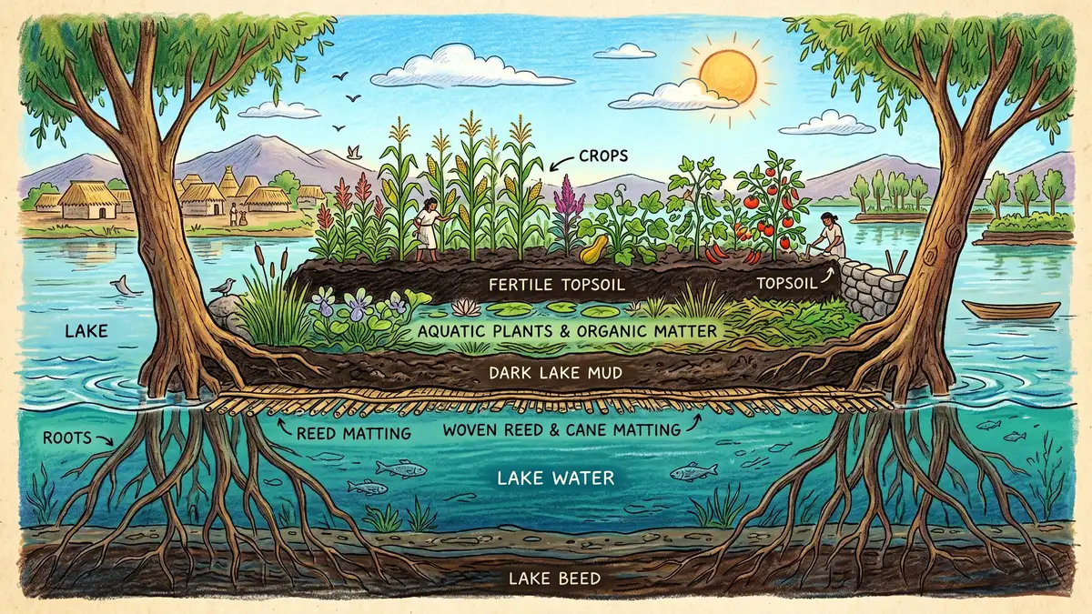 Cross-section of a chinampa showing reed base, mud, aquatic vegetation, topsoil, and willow trees anchoring the corners