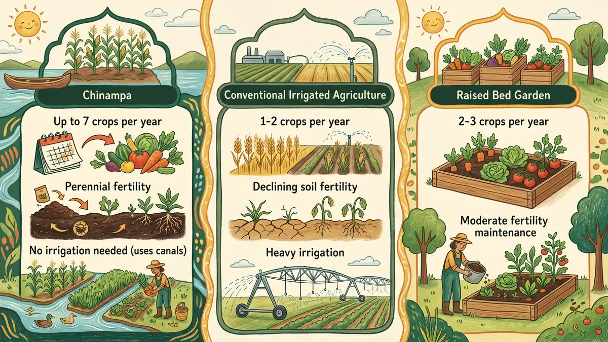 Infographic comparing chinampa yields to conventional irrigated agriculture and standard raised-bed gardens
