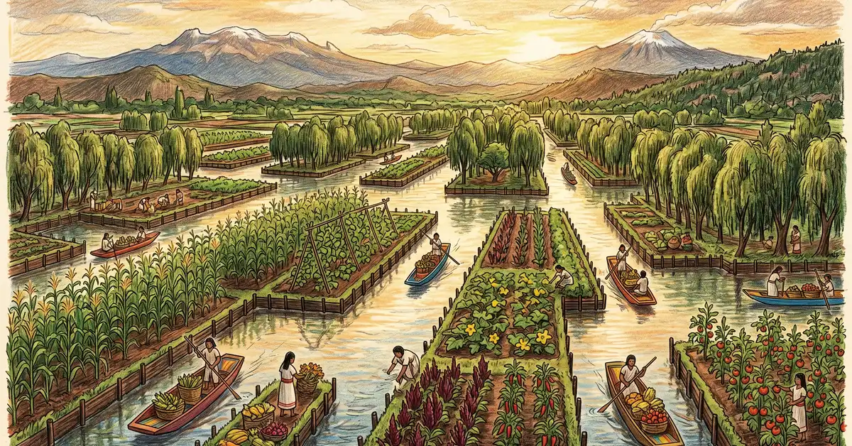 Aztec chinampas with willow-bordered raised beds and trajinera boats on canals in the Valley of Mexico