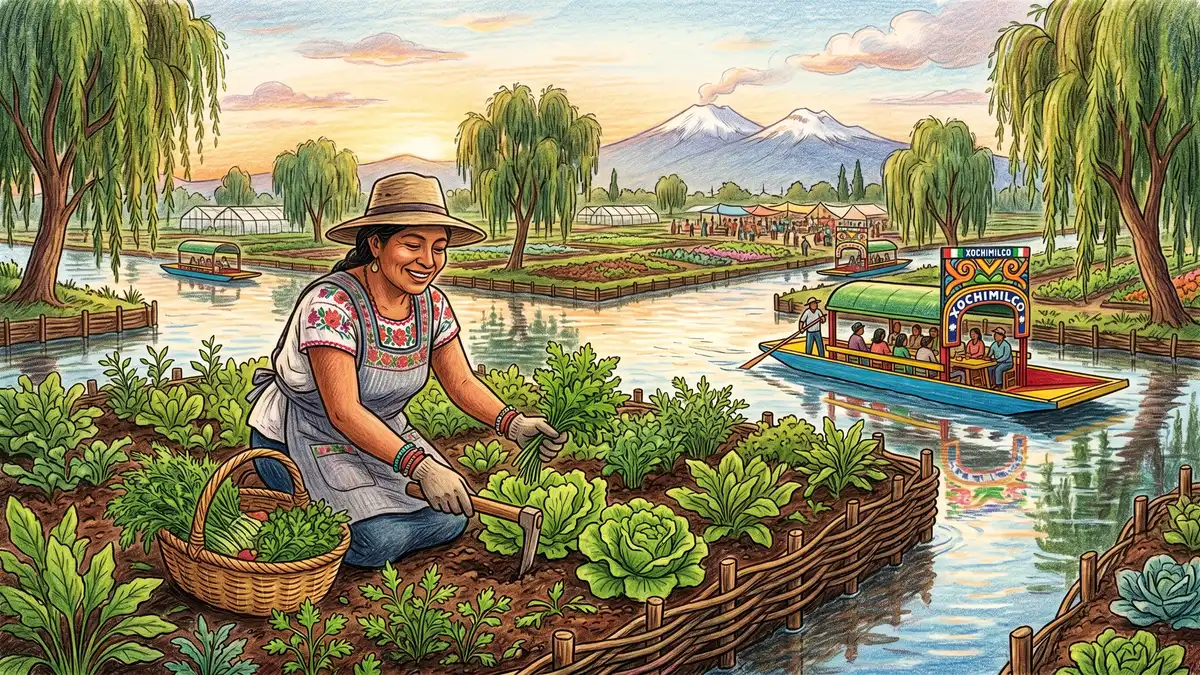 A modern chinampero farmer harvesting lettuce from a present-day chinampa in Xochimilco