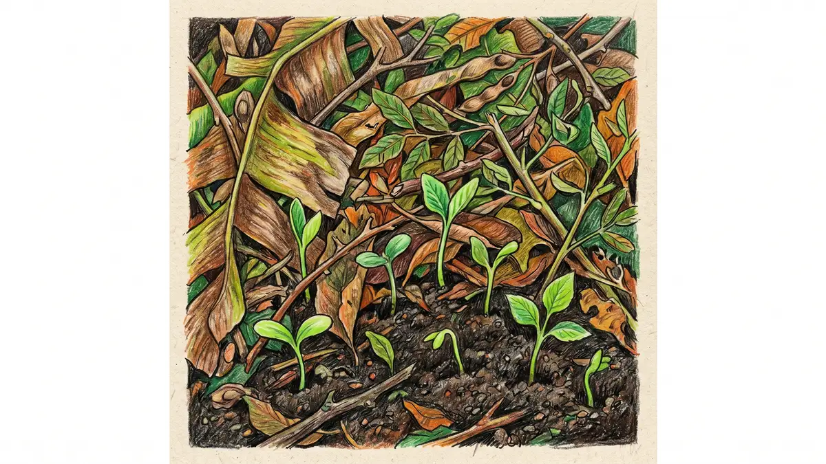 A thick layer of decomposing pruned biomass on dark soil with new seedlings emerging through the mulch