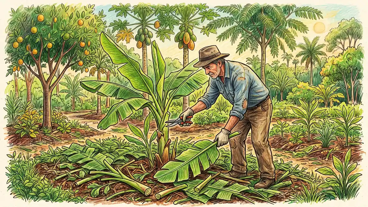 A farmer pruning a banana plant in a syntropic plot with thick mulch of pruned biomass on the ground